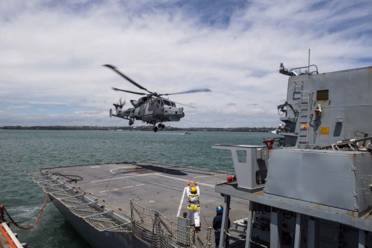 HMS Montrose's Wildcat helicopter takes off from the flight deck.PO Chris Weissenbaum, RNZN